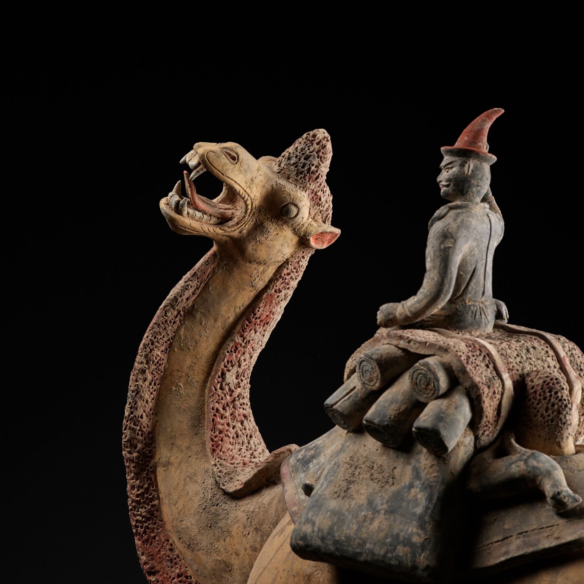 AN EXCEPTIONALLY LARGE PAINTED POTTERY FIGURE OF A BACTRIAN CAMEL AND A SOGDIAN RIDER, TANG DYNASTY - Image 9 of 12
