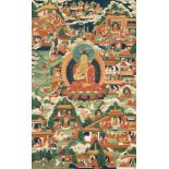 AN EXCEPTIONALLY FINE THANGKA OF BUDDHA SHAKYAMUNI AND CLASSIC BUDDHIST TEACHING STORIES, NEW MENRI