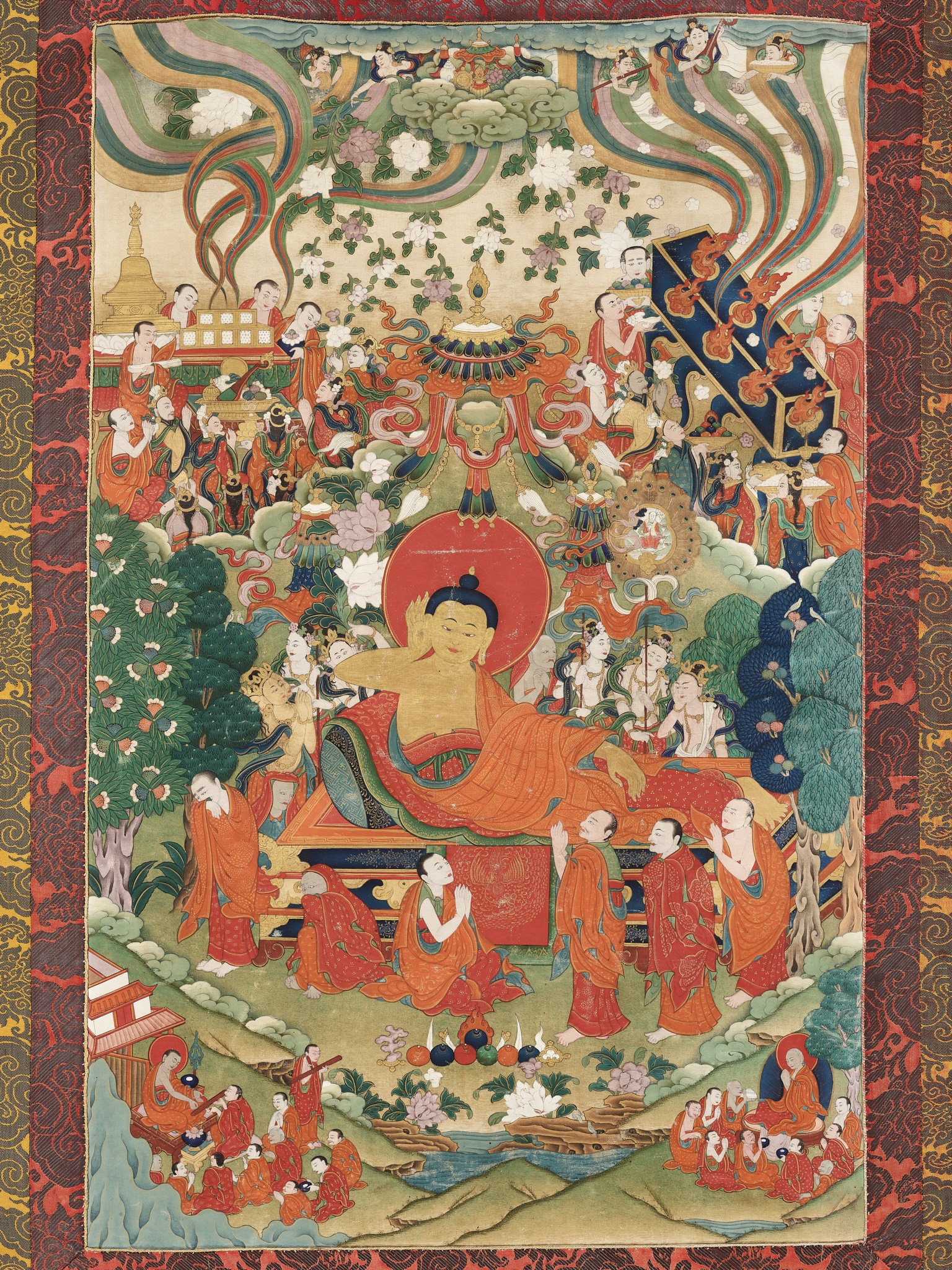 A RARE THANGKA DEPICTING THE BUDDHA'S PARINIRVANA, TIBET, 18TH - 19TH CENTURY - Image 3 of 13