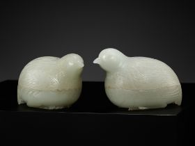 AN EXCEPTIONAL PAIR OF WHITE JADE 'QUAIL' BOXES AND COVERS, QIANLONG PERIOD, 1736-1795