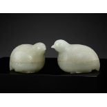 AN EXCEPTIONAL PAIR OF WHITE JADE 'QUAIL' BOXES AND COVERS, QIANLONG PERIOD, 1736-1795
