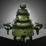 A SPINACH GREEN JADE RETICULATED CENSER AND COVER, LATE QING TO REPUBLIC PERIOD