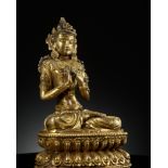 MAITREYA IN THE TUSHITA HEAVEN, AN EXTREMELY RARE GILT-BRONZE FIGURE, XUANDE INCISED SIX-CHARACTER M