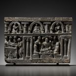 A GRAY SCHIST FRIEZE DEPICTING BUDDHA’S FIRST SERMON AND DEATH, ANCIENT REGION OF GANDHARA, KUSHAN