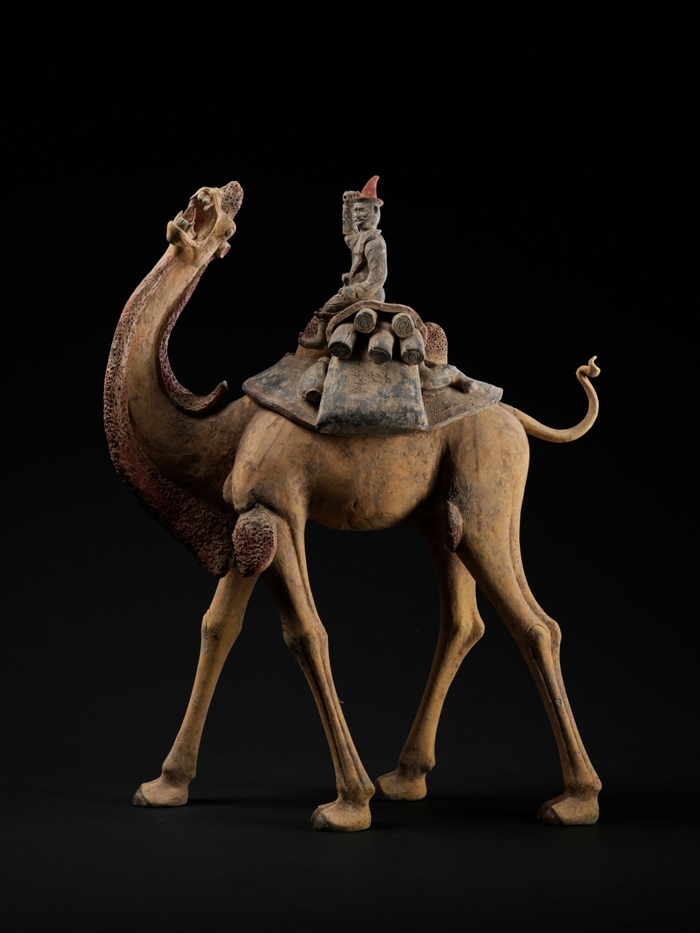 AN EXCEPTIONALLY LARGE PAINTED POTTERY FIGURE OF A BACTRIAN CAMEL AND A SOGDIAN RIDER, TANG DYNASTY - Image 7 of 12