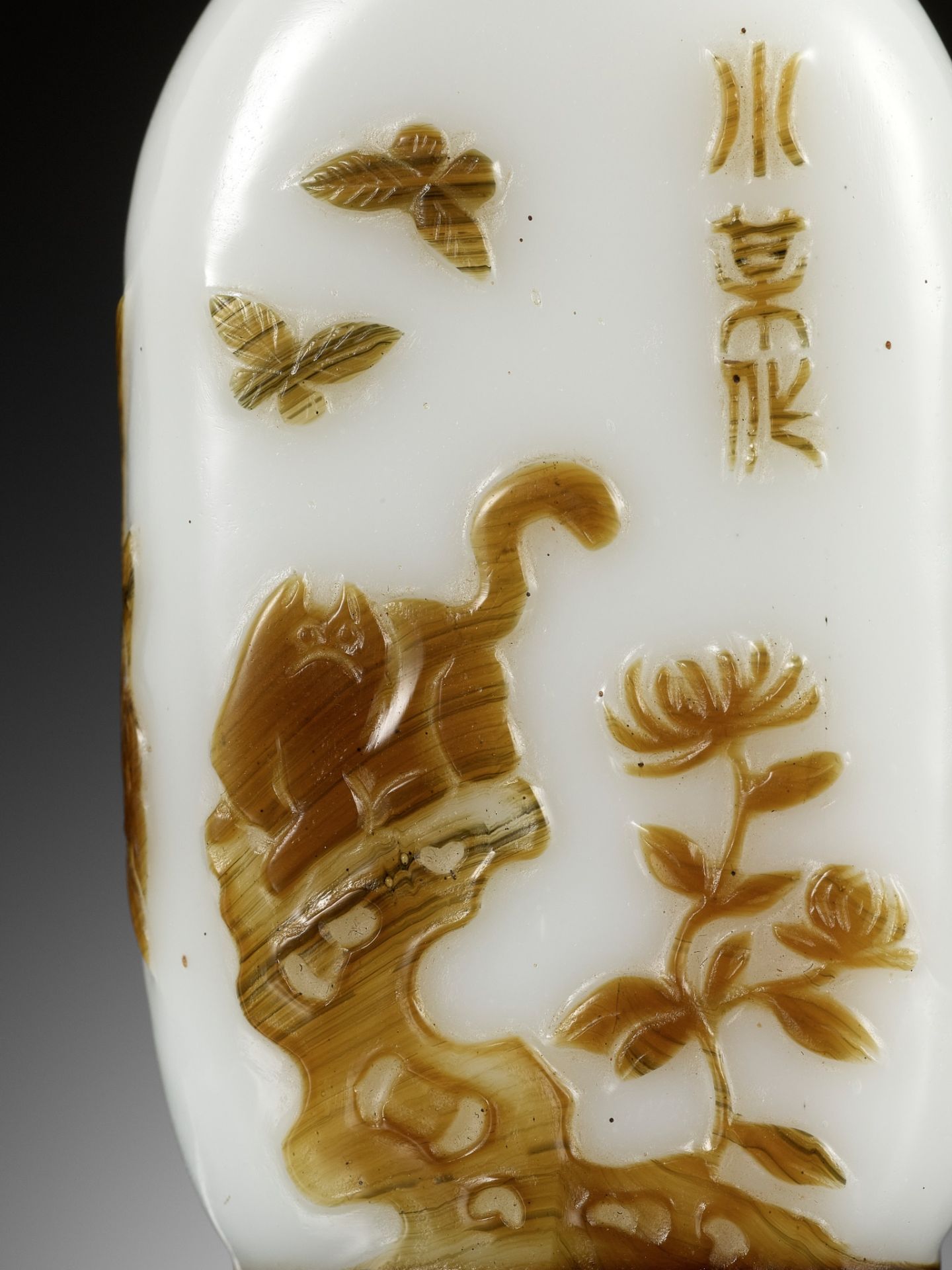 AN INSCRIBED OVERLAY GLASS ‘CAT AND BUTTERFLY’ SNUFF BOTTLE, BY WANG SU, YANGZHOU SCHOOL, 1820-1840 - Image 7 of 19