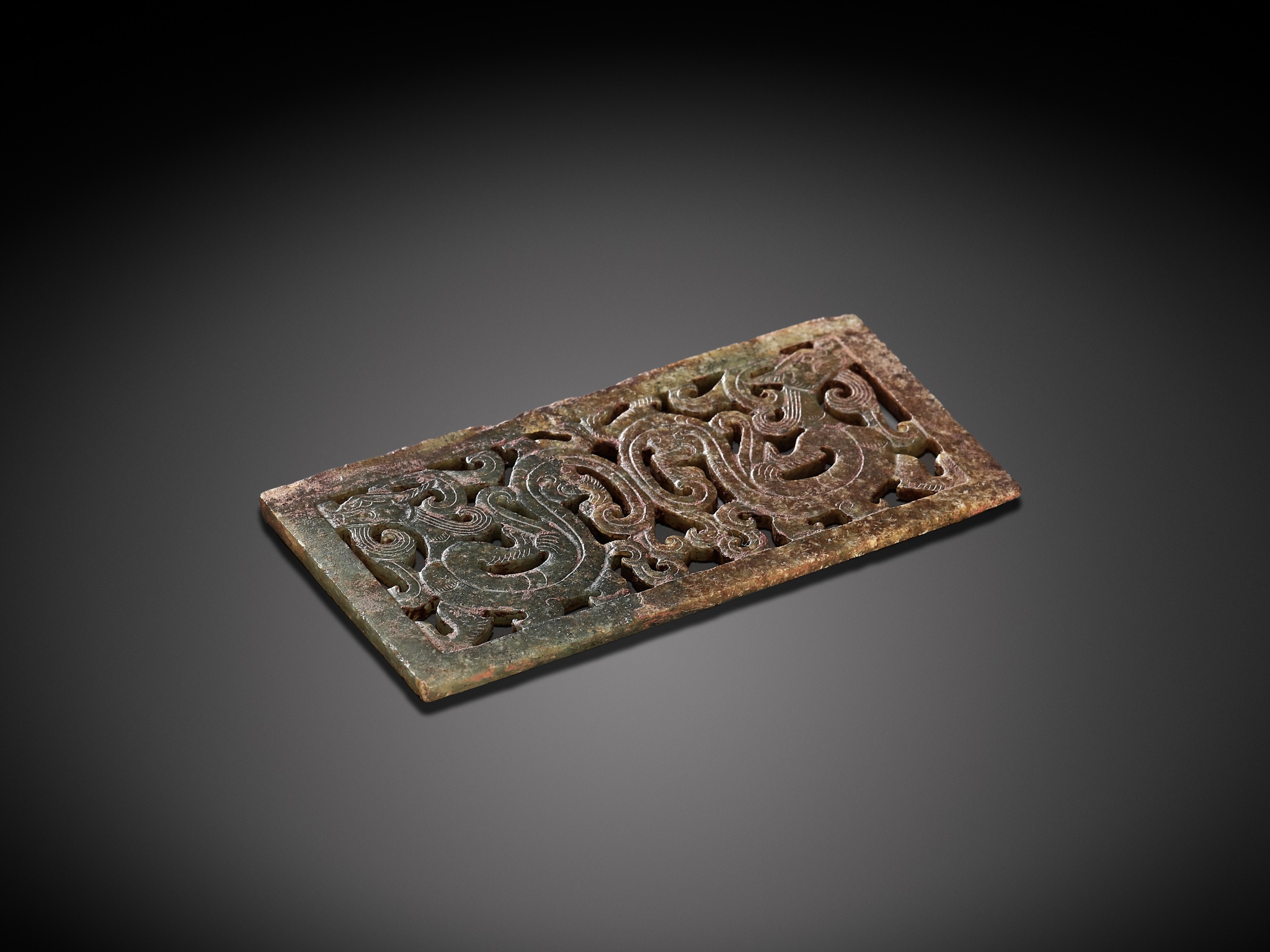 A RECTANGULAR GREEN JADE 'DOUBLE DRAGON' PLAQUE, LATE WARRING STATES PERIOD TO EARLY WESTERN HAN DYN - Image 9 of 12