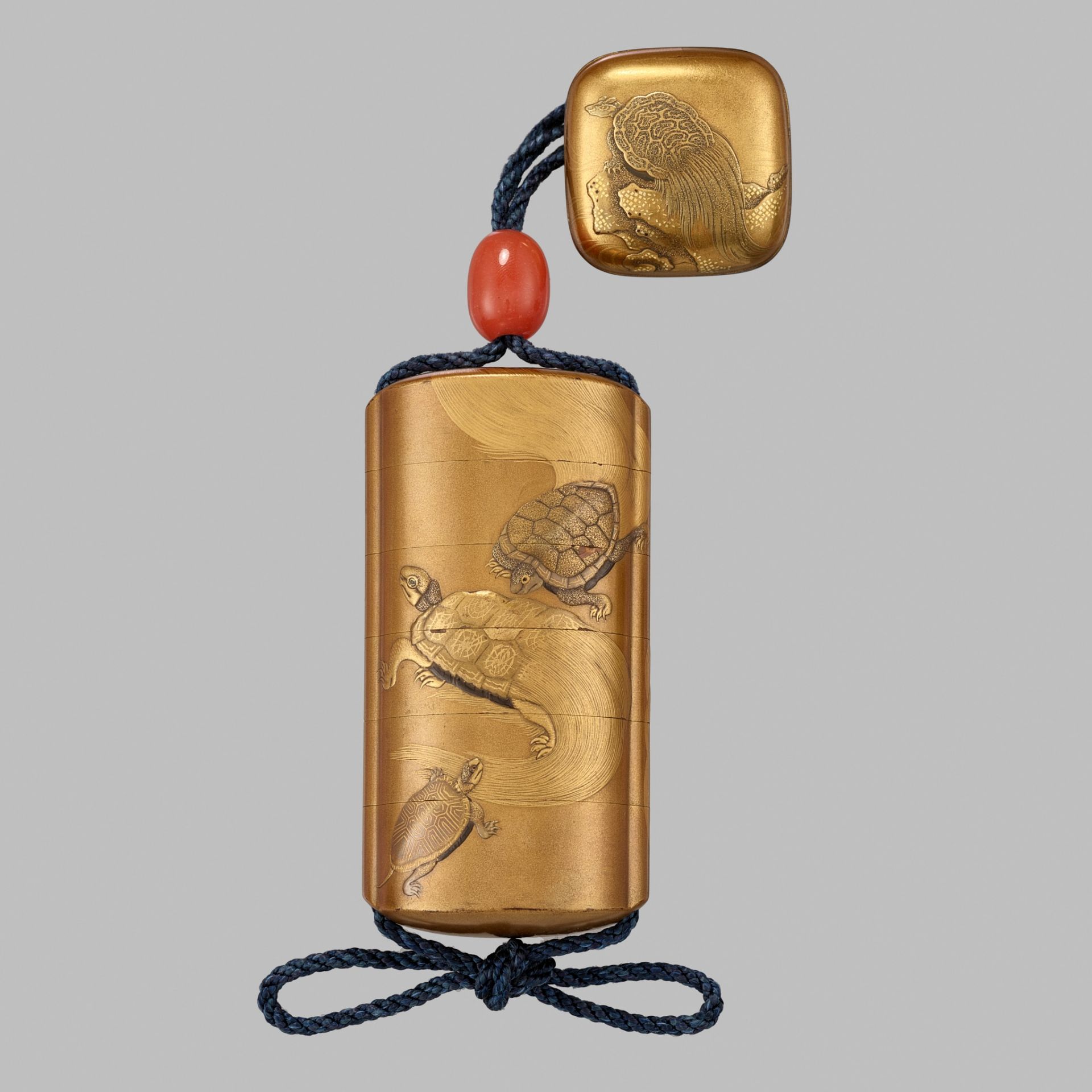 KAJIKAWA: A SUPERB FIVE-CASE GOLD LACQUER INRO WITH MINOGAME DESIGN AND WITH EN SUITE NETSUKE