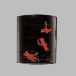 YOSEI: A FINE TSUISHU AND MITSUDA INLAID THREE-CASE LACQUER INRO WITH BUFFALO AND DRAGONFLIES