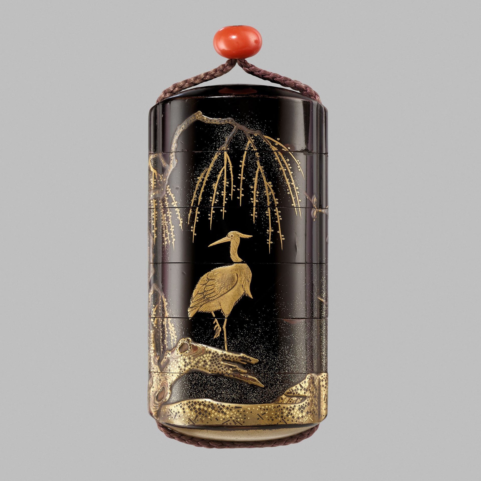 A FIVE-CASE LACQUER INRO DEPICTING A CHARMING WINTER SCENE