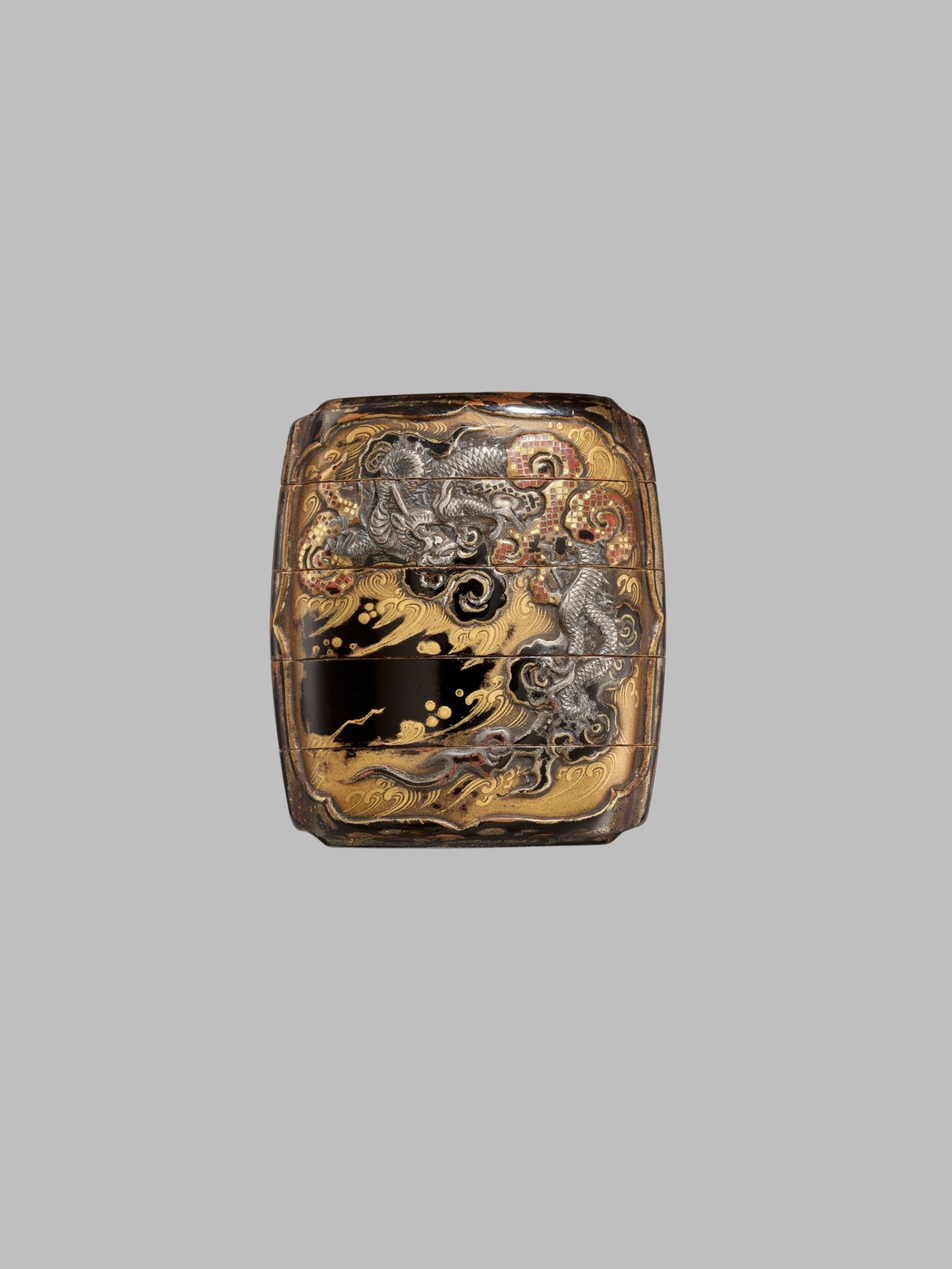 A FINE SILVER-INLAID FOUR-CASE LACQUER INRO DEPICTING A TIGER AND DRAGON - Image 2 of 6