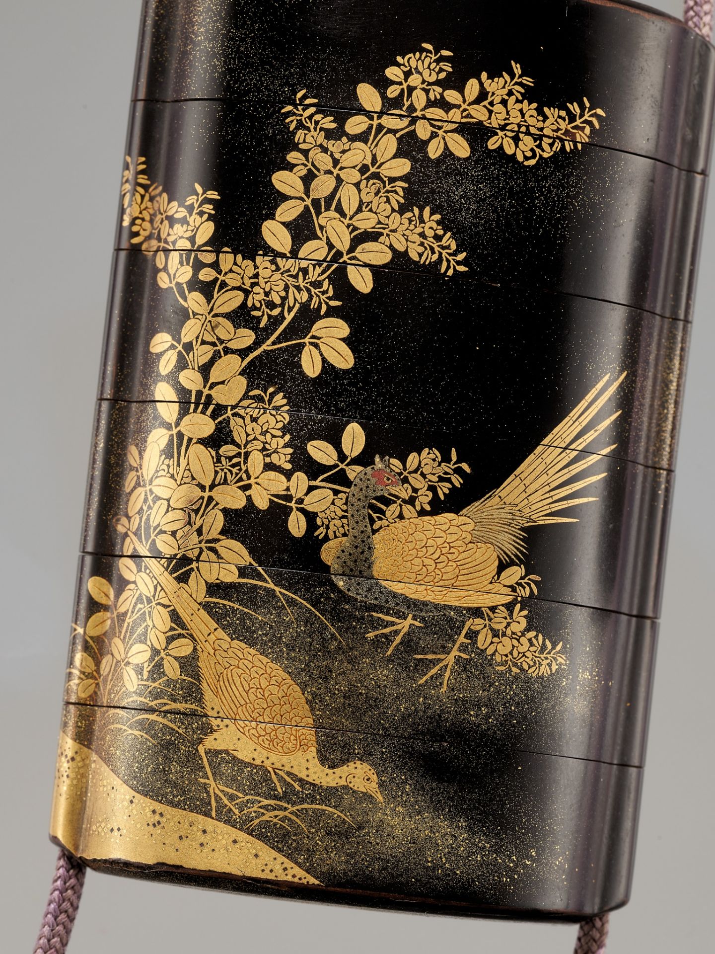 A FINE TOGIDASHI FIVE-CASE INRO DEPICTING PHEASANTS AND TURTLE DOVES