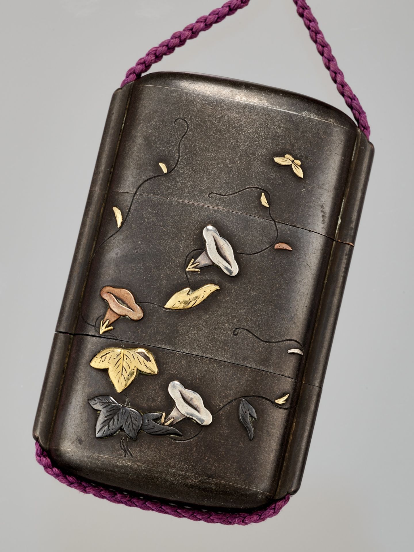 YASUCHIKA: A RARE MIXED METAL TWO-CASE INRO WITH BUTTERFLIES AND ASAGAO (MORNING GLORY)