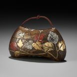 A RARE INLAID AND LACQUERED KIRI WOOD SINGLE-CASE INRO DEPICTING CHRYSANTHEMUM FLOWERS