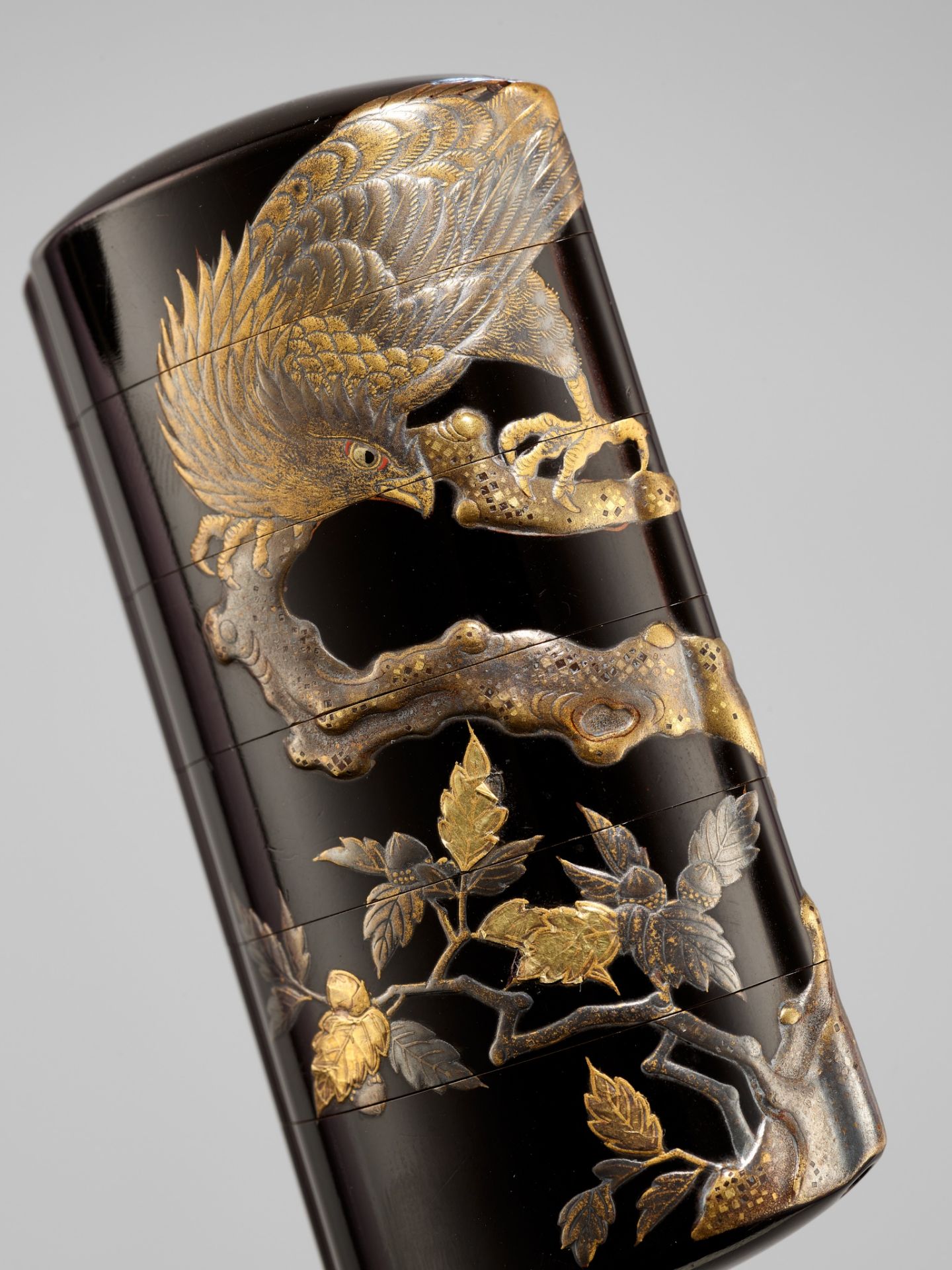 A FINE FIVE-CASE LACQUER INRO DEPICTING AN EAGLE AND MONKEY