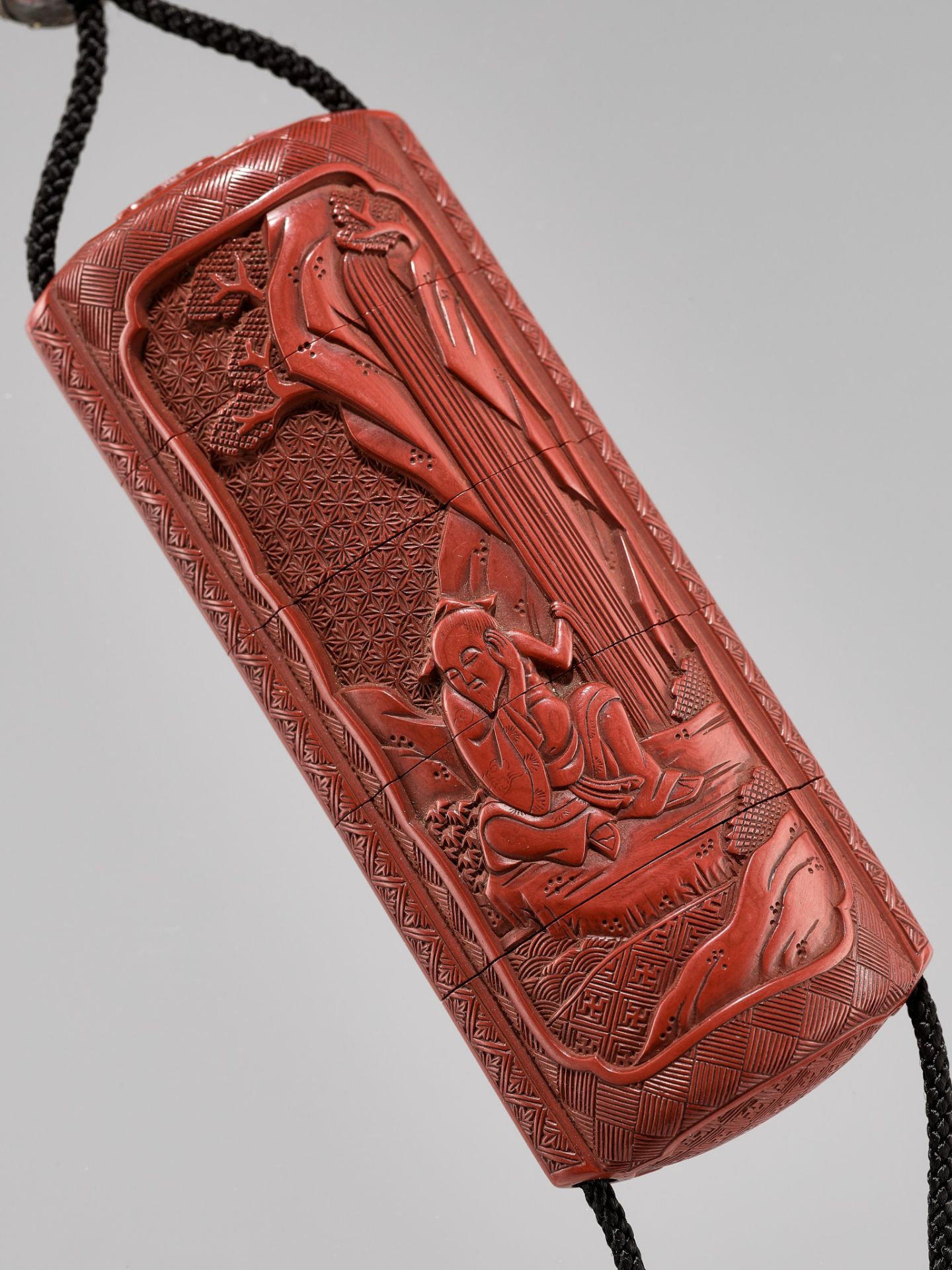A TSUISHU LACQUER FOUR-CASE INRO DEPICTING KYOYU AND SOFU, WITH EN SUITE NETSUKE AND OJIME - Image 2 of 9