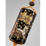 KOMA SADAHIDE: A SUPERB INLAID FIVE-CASE LACQUER INRO DEPICTING DEERS IN NARA PARK