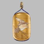 HOYU: A FINE SHIBAYAMA INLAID GOLD LACQUER FOUR-CASE INRO WITH HAWKS