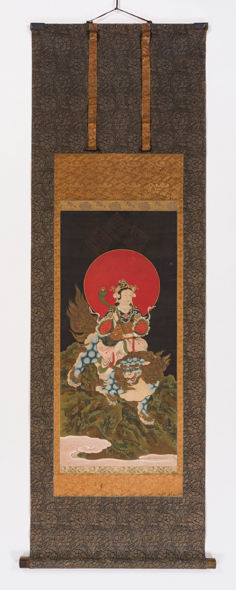 A BUDDHIST KAKEMONO, 'MONJU BOSATSU RIDING A SHISHI' - Image 4 of 5