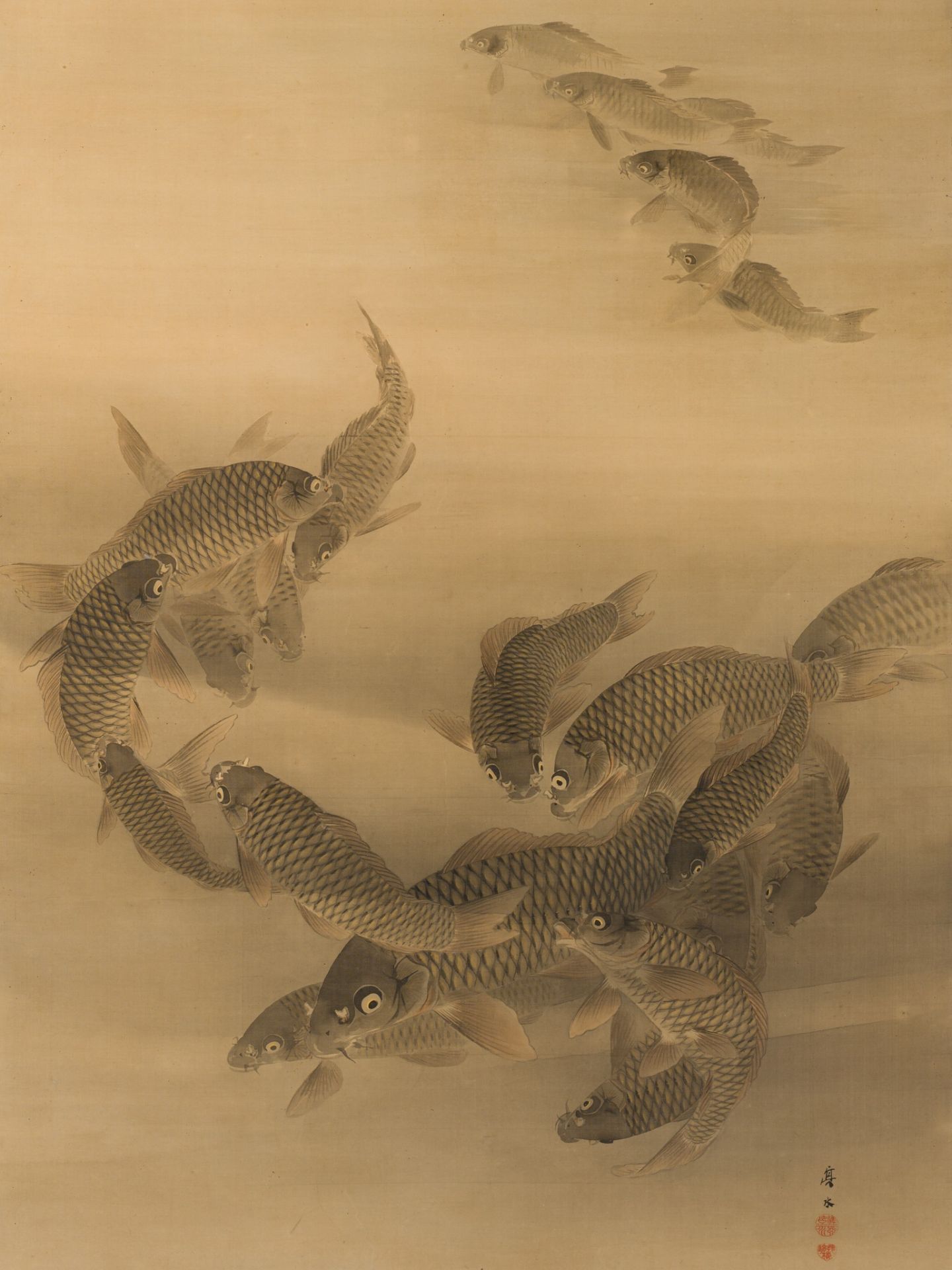 ADEGAWA SHINSUI (1877-1941): A LARGE PAINTING OF A GROUP OF CARPS, DATED 1910