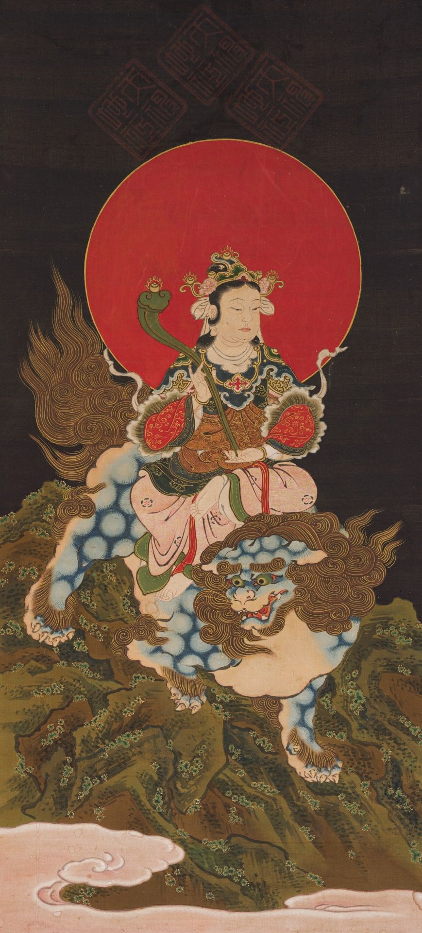 A BUDDHIST KAKEMONO, 'MONJU BOSATSU RIDING A SHISHI' - Image 2 of 5