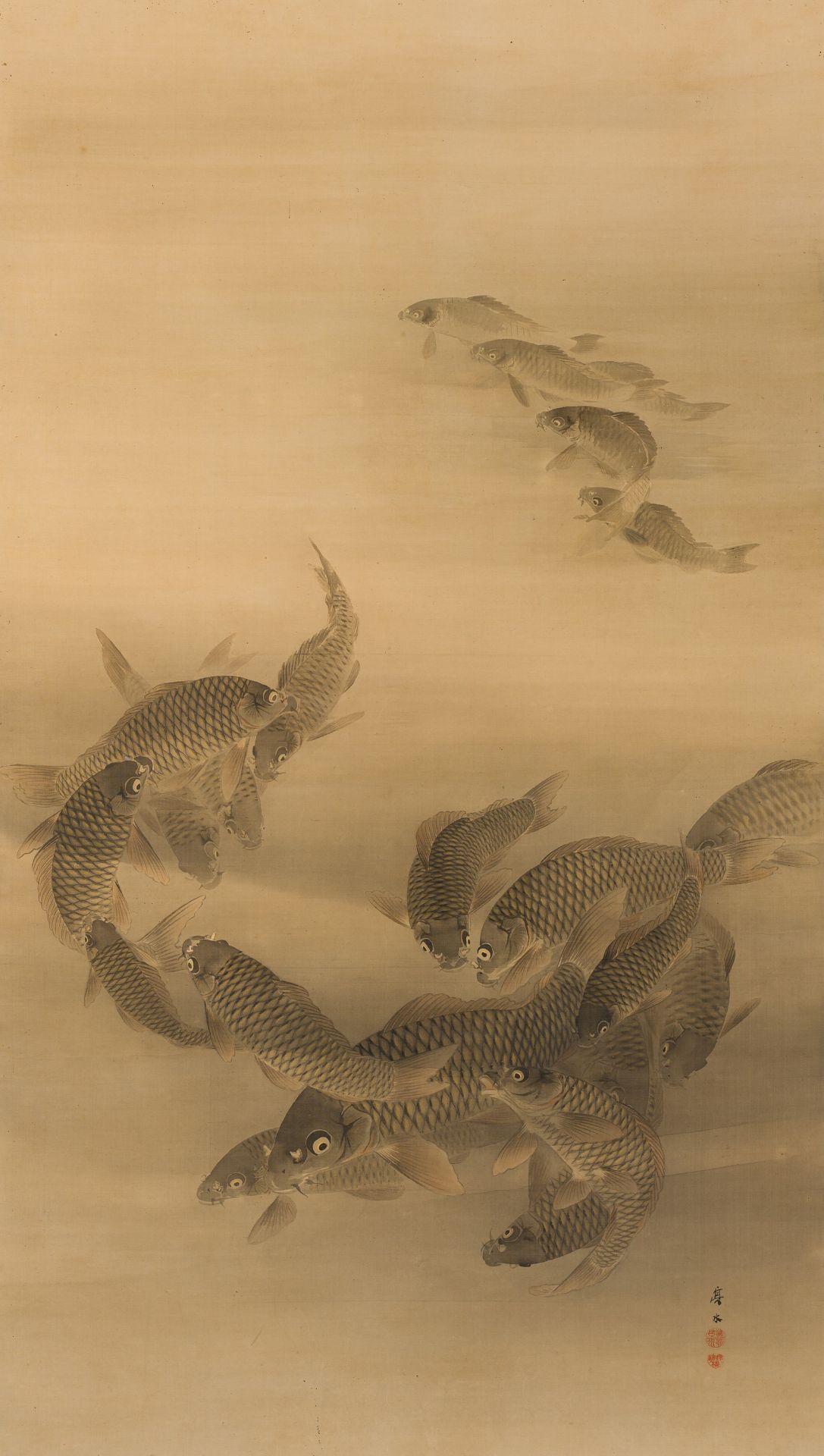 ADEGAWA SHINSUI (1877-1941): A LARGE PAINTING OF A GROUP OF CARPS, DATED 1910 - Bild 2 aus 6
