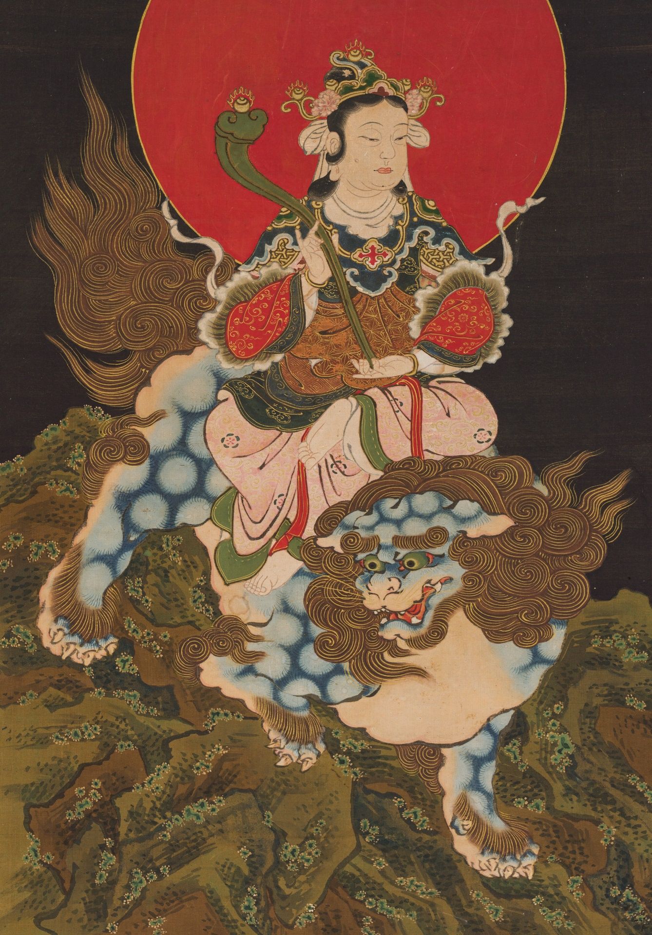 A BUDDHIST KAKEMONO, 'MONJU BOSATSU RIDING A SHISHI'