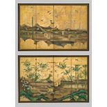 KANO SCHOOL: A PAIR OF 'SPARROWS AND THE MILLET HARVEST' FOUR-PANEL BYOBU SCREENS