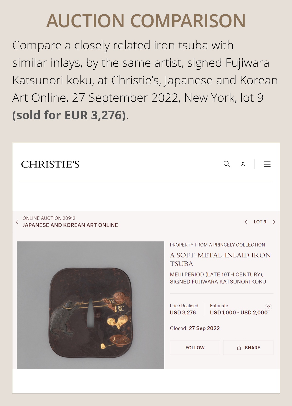 FUJIWARA KATSUNORI: A SUPERB IRON TSUBA DEPICTING SCENES FROM NOH THEATRE - Image 3 of 9