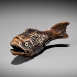 A FINE WOOD NETSUKE OF A FISH WITH AOGAI-INLAID EYES