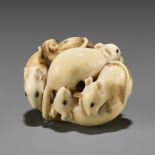 TOMOCHIKA: A FINE IVORY NETSUKE OF A GROUP OF SEVEN RATS