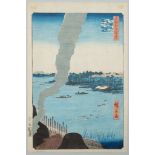 UTAGAWA HIROSHIGE: TILE KILNS AND HASHIBA FERRY, SUMIDA RIVER