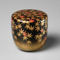 MURATA SOKAKU: A BLACK AND GOLD LACQUER NATSUME (TEA CADDY) WITH MAPLE LEAVES