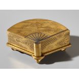 A SUPERB GOLD LACQUER FAN-SHAPED BOX AND COVER WITH INTERIOR TRAY AND STAND