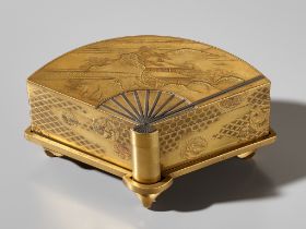 A SUPERB GOLD LACQUER FAN-SHAPED BOX AND COVER WITH INTERIOR TRAY AND STAND
