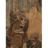 A LARGE EMBROIDERED SILK PANEL WITH THREE RAKANS