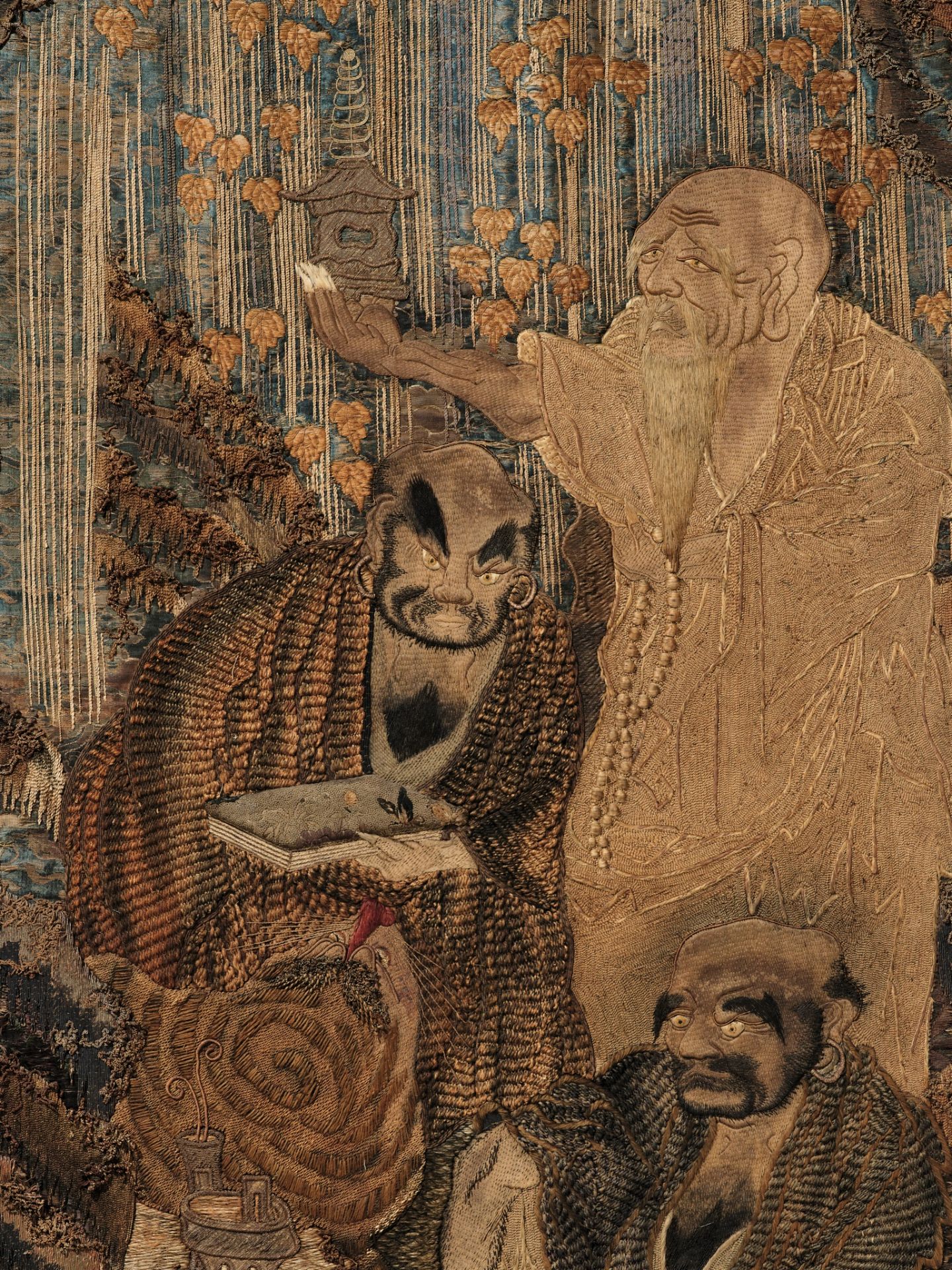 A LARGE EMBROIDERED SILK PANEL WITH THREE RAKANS