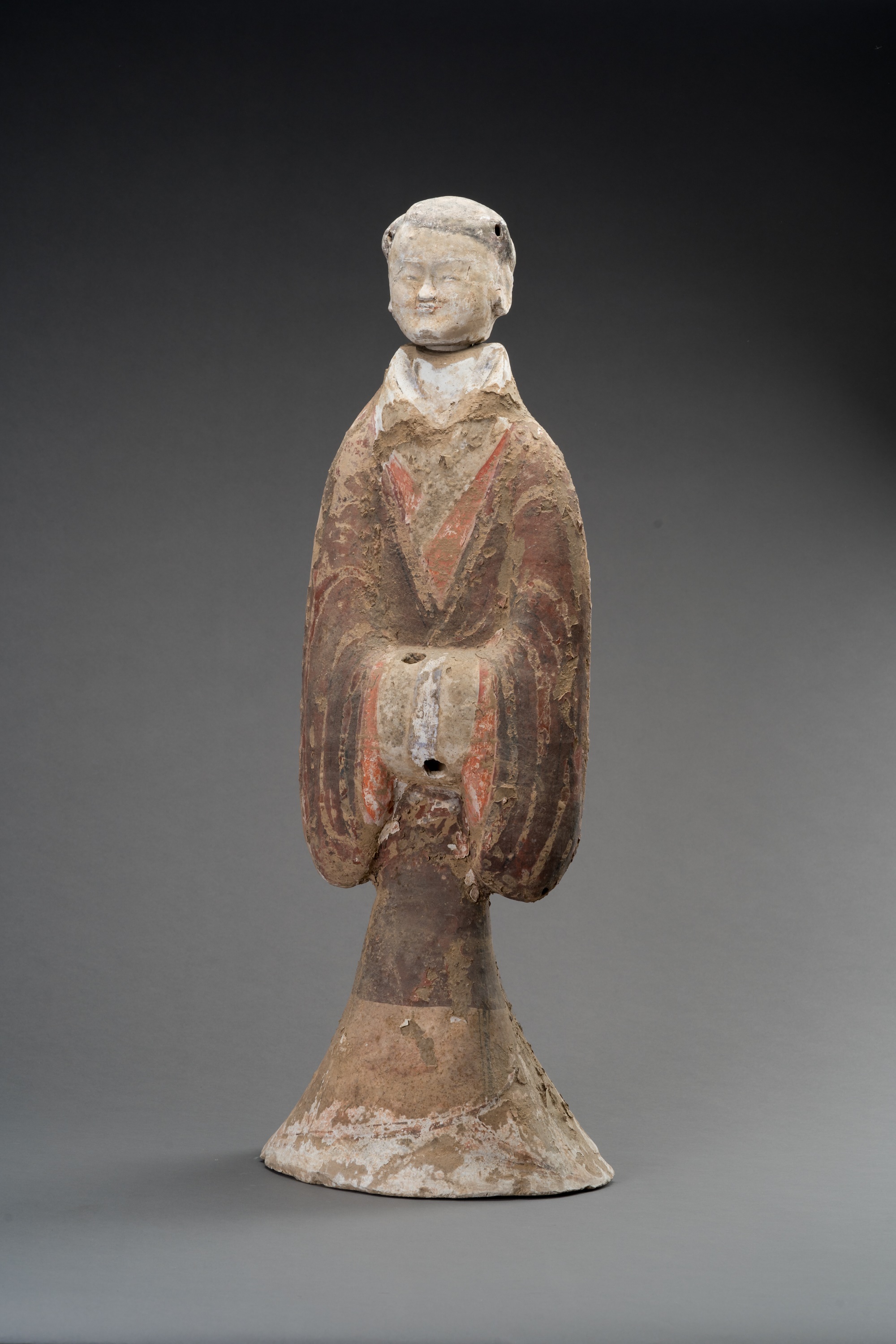 A LARGE PAINTED POTTERY FIGURE OF A COURT-LADY, HAN DYNASTY - Image 9 of 10