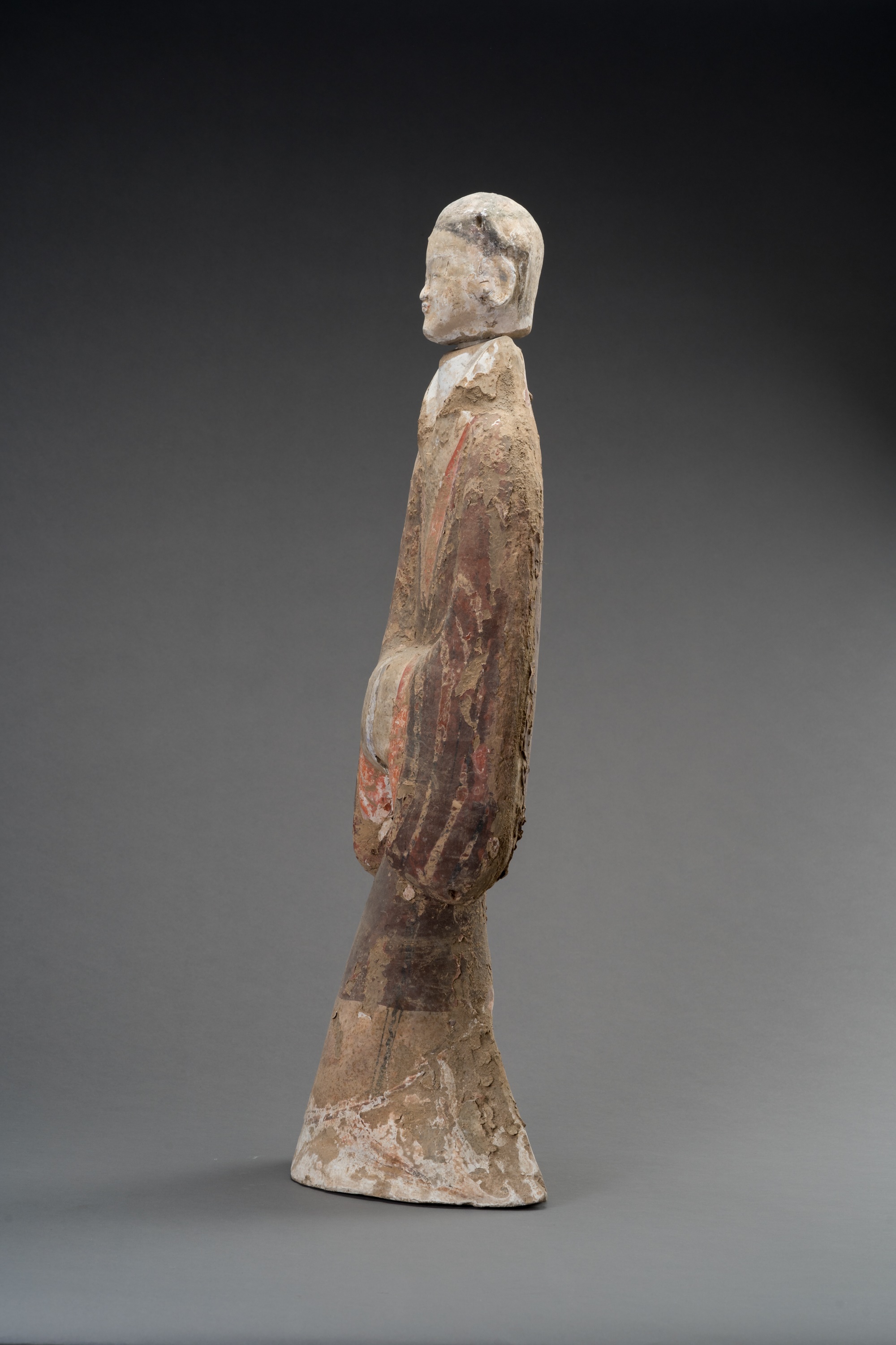 A LARGE PAINTED POTTERY FIGURE OF A COURT-LADY, HAN DYNASTY - Image 5 of 10