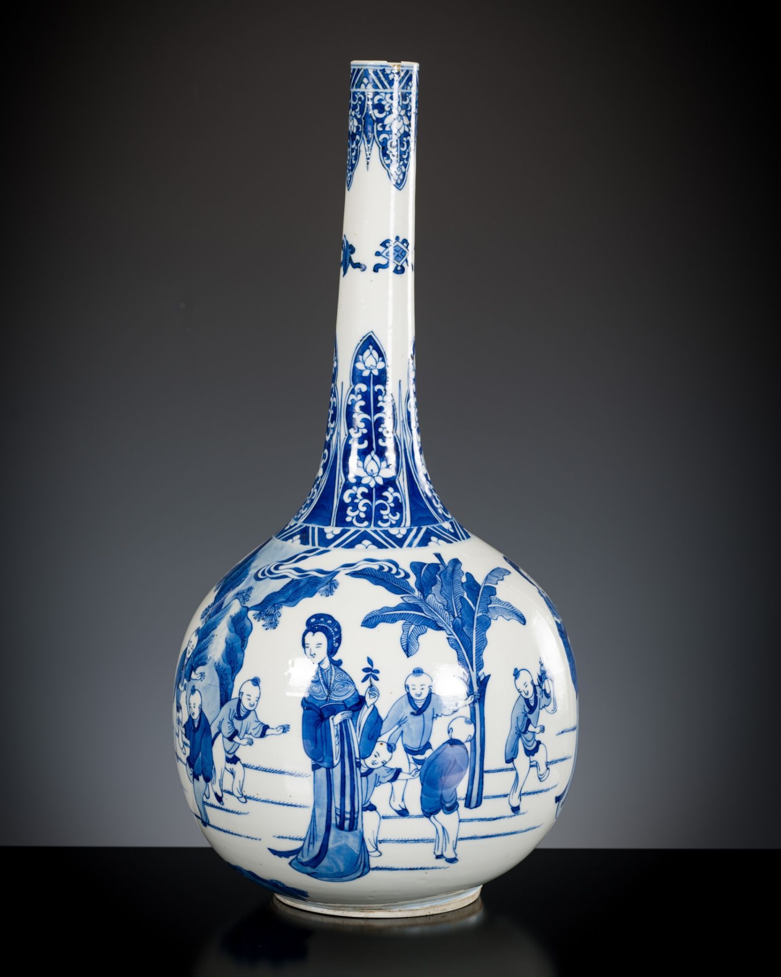 A LARGE BLUE AND WHITE 'PLAYING DISCIPLES' BOTTLE VASE, CHINA, 18th - 19th CENTURY