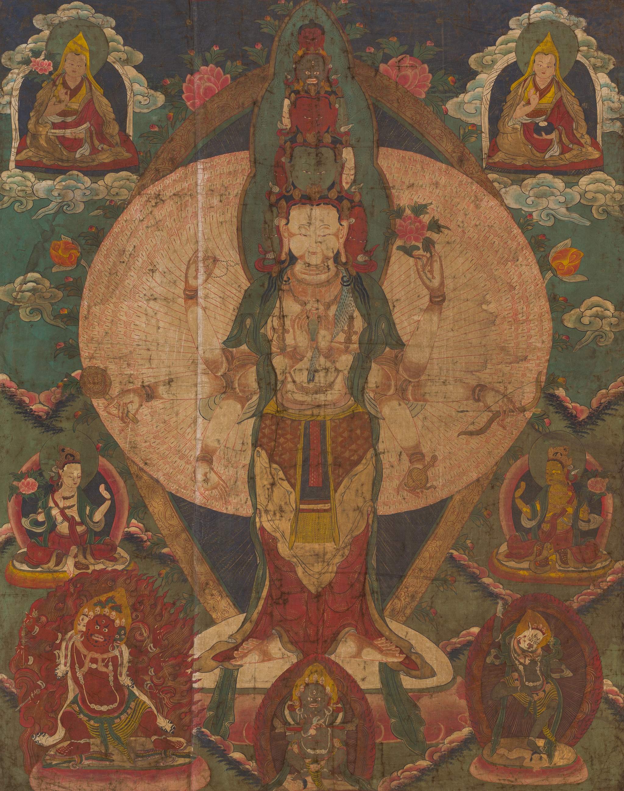 A LARGE THANGKA OF AVALOKITESHVARA SAHASRABHUJA, TIBET, 18TH-19TH CENTURY