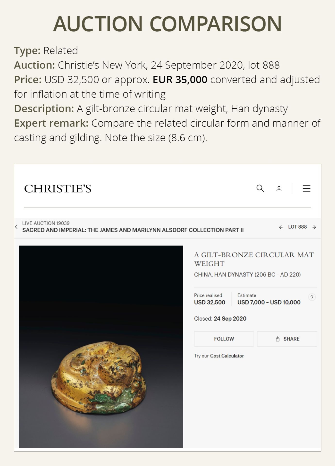 A GILT BRONZE 'BEAR' WEIGHT, HAN DYNASTY, EX ADOLPHE STOCLET COLLECTION - Image 9 of 13