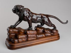 MORIMITSU: A LARGE BRONZE OKIMONO OF A ROARING TIGER, MEIJI