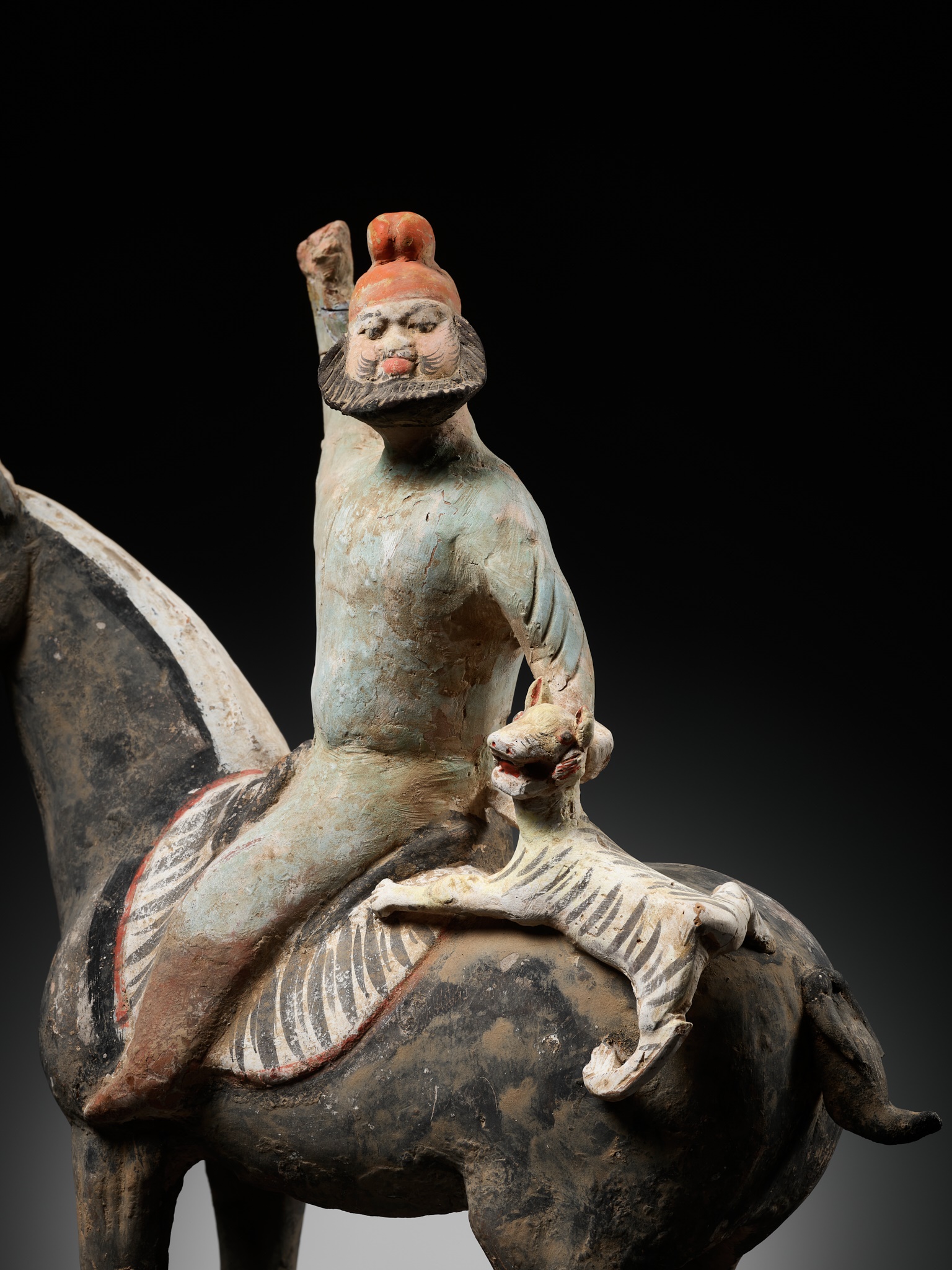 A RARE PAINTED POTTERY HORSE WITH A 'PHRYGIAN' RIDER AND TIGER CUB, TANG DYNASTY - Image 2 of 14