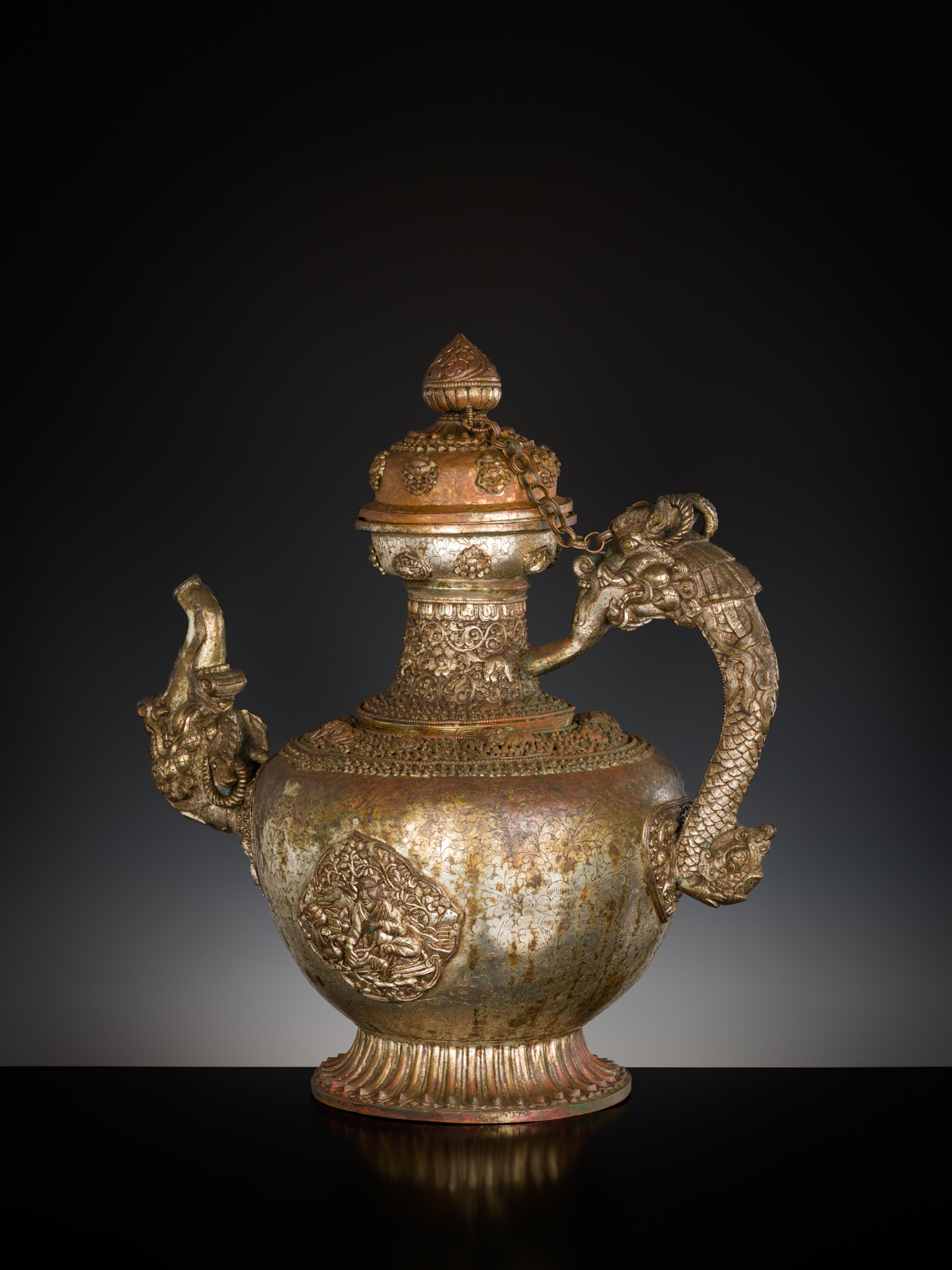 A MASSIVE SILVERED-COPPER RITUAL TEAPOT AND COVER, TIBET, 19TH CENTURY - Image 11 of 15