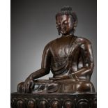 A LARGE CAST AND REPOUSSE COPPER FIGURE OF BUDDHA SHAKYAMUNI, QING DYNASTY