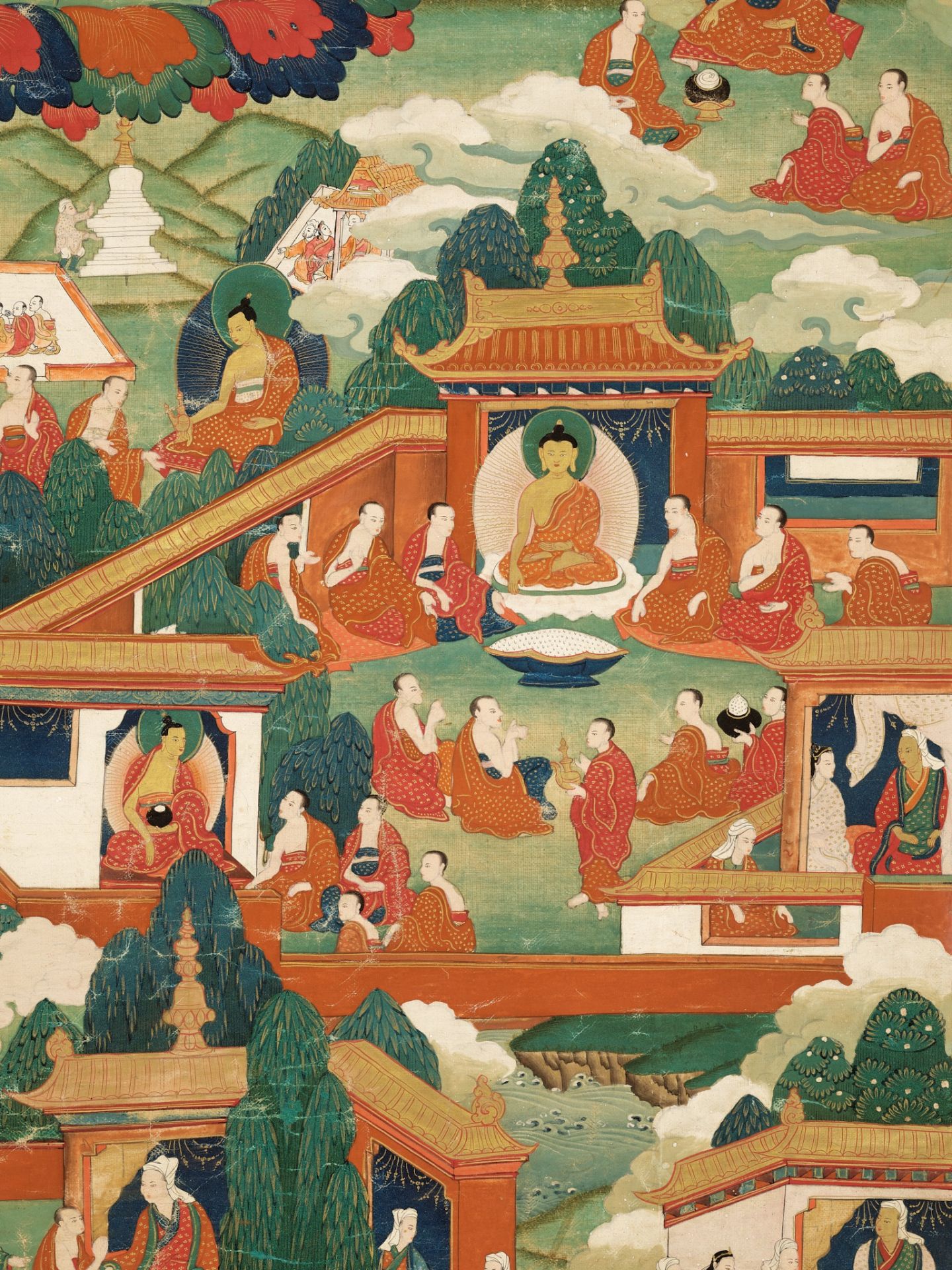 A THANGKA OF BUDDHA SHAKYAMUNI AND CLASSIC BUDDHIST TEACHING STORIES, NEW MENRI STYLE, TIBET,18TH C. - Image 9 of 15