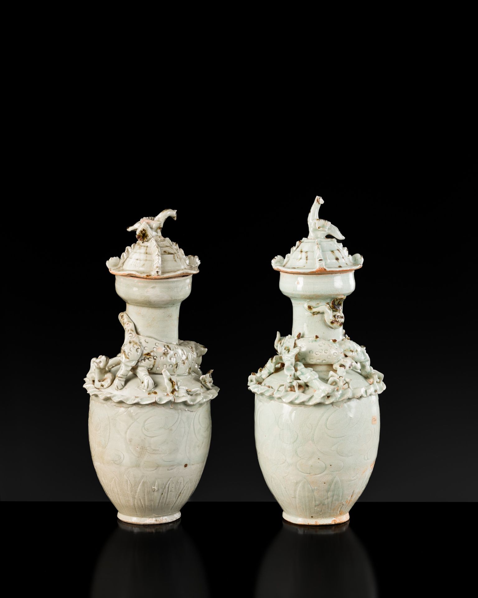 A PAIR OF QINGBAI FUNERARY JARS AND COVERS, SONG DYNASTY - Image 9 of 12