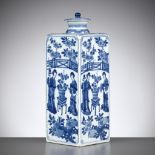 A BLUE AND WHITE RECTANGULAR FLASK AND COVER, KANGXI PERIOD