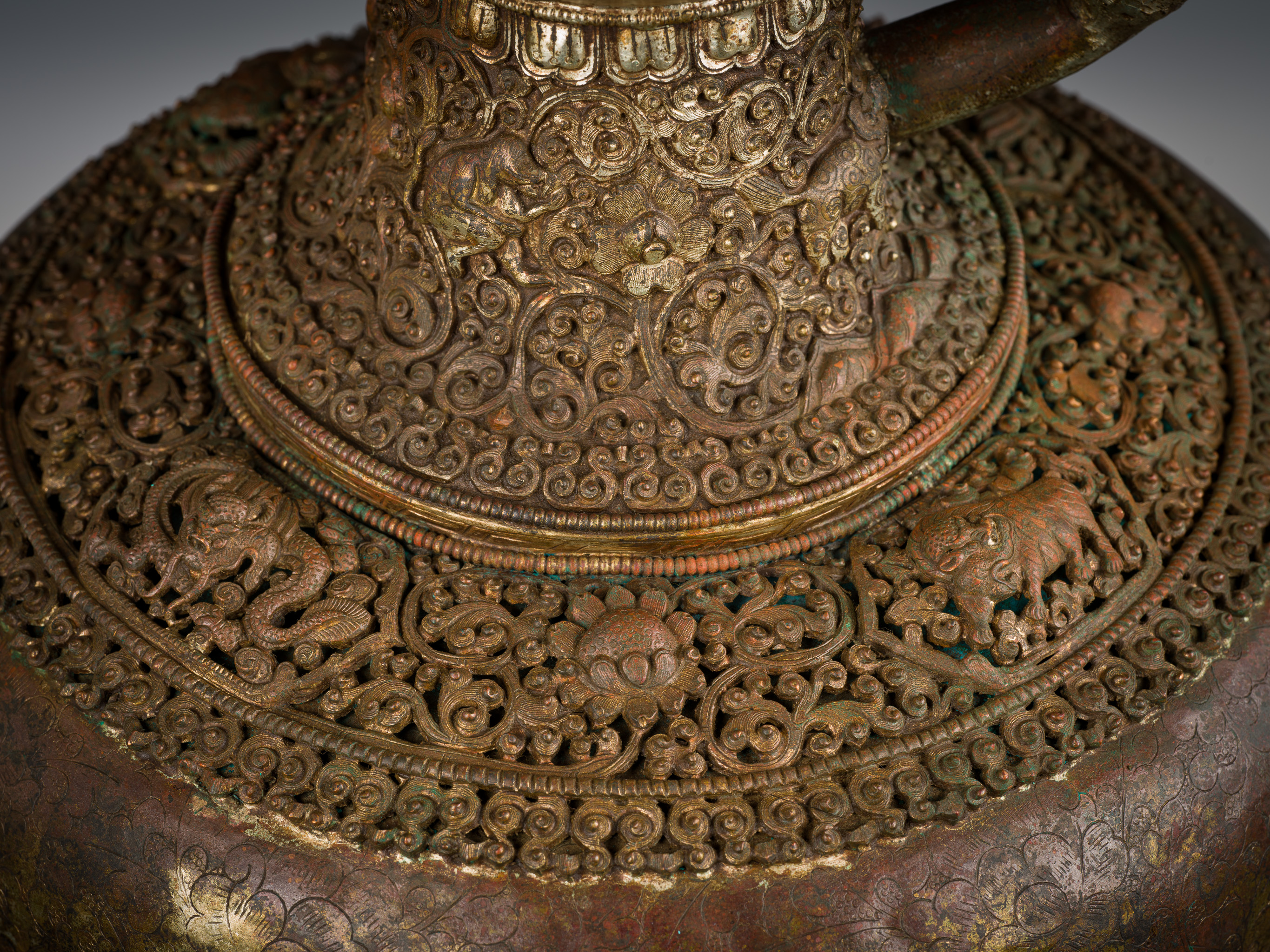 A MASSIVE SILVERED-COPPER RITUAL TEAPOT AND COVER, TIBET, 19TH CENTURY - Image 2 of 15